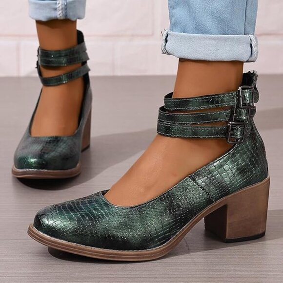 Womens Pumps Heels Animal Print Round Toe Ankle Straps-Green - Picture 3 of 5